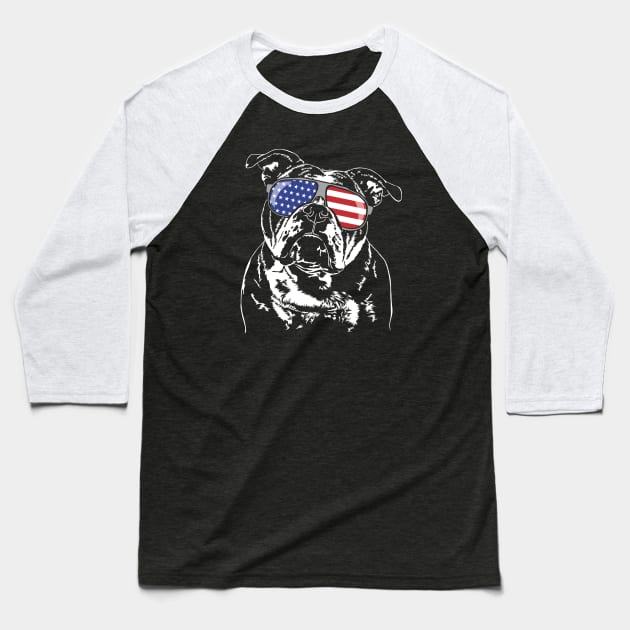 Funny Proud Old English Bulldog American Flag sunglasses dog Baseball T-Shirt by wilsigns